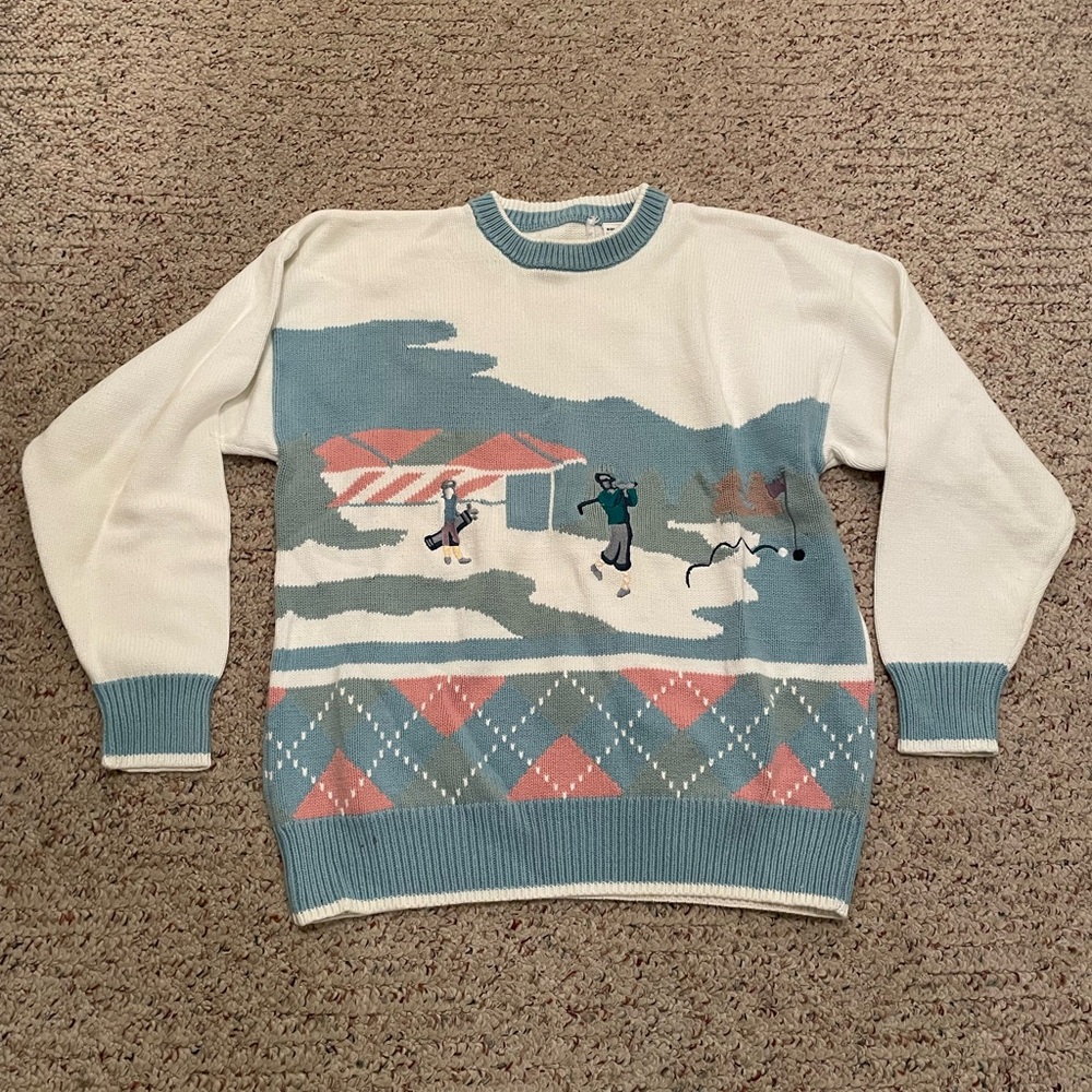 Men's Blue and Cream Golf Scene Sweater
